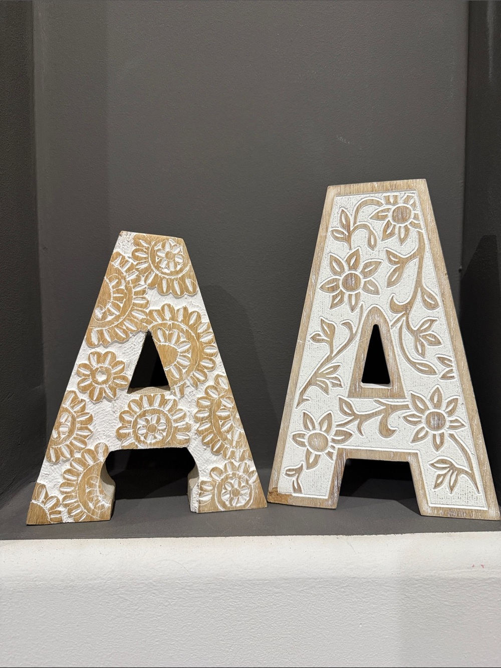 Decorative Wooden Letter A Pair - White & Natural Floral Carved